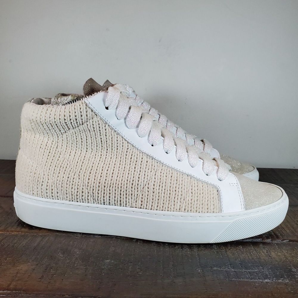 P448 Mid Top Womens Size 7.5-8 EU 38 Lace Up Side Zip Shoes Glitter Cream White